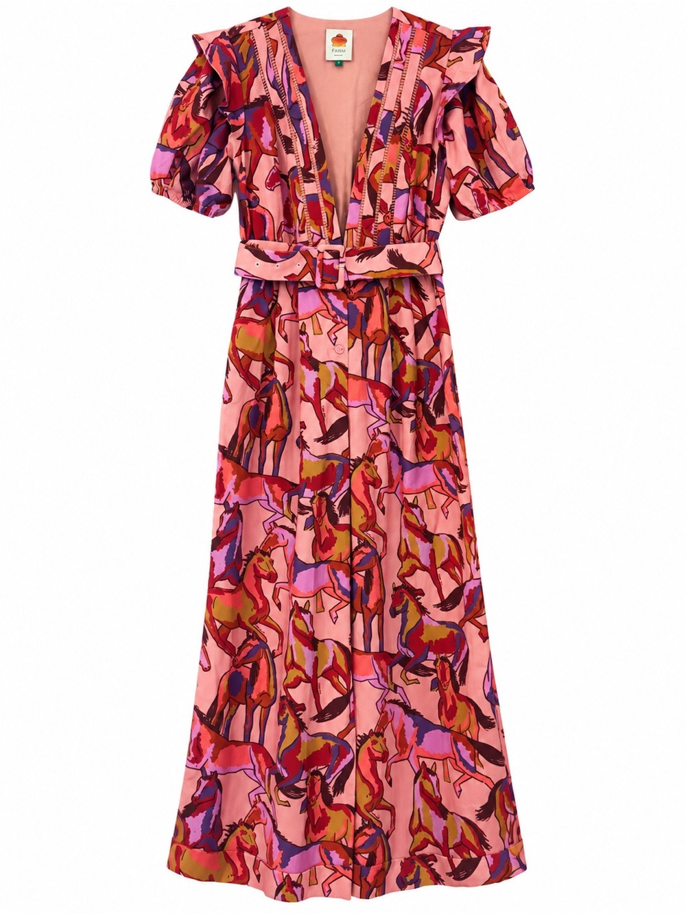 Farm Rio Pink Horse-Print V-Neck Belted Maxi Jumpsuit-EUC